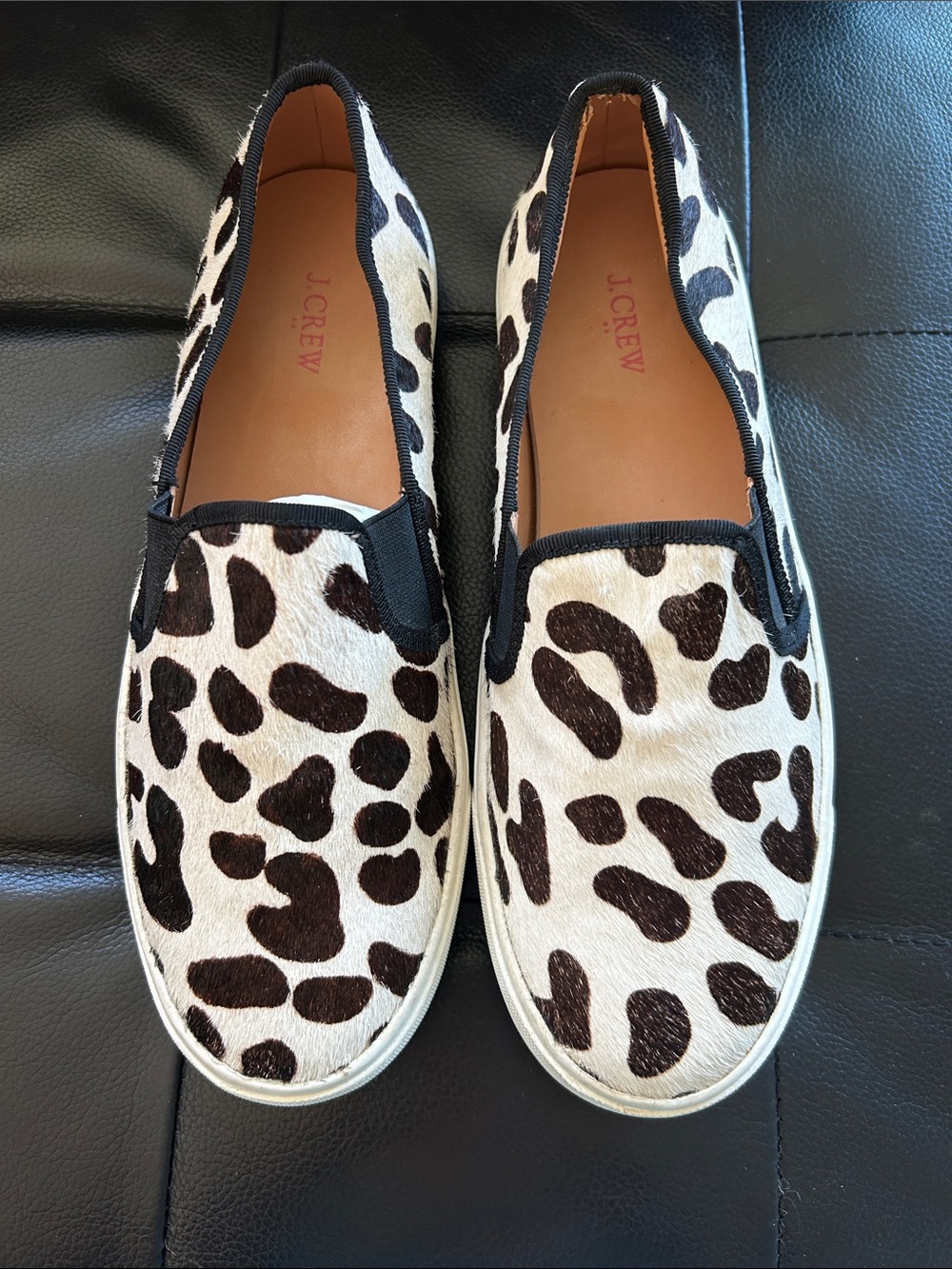 J. Crew Cowhide Leopard-Style Slip-On Sneakers - Black & White